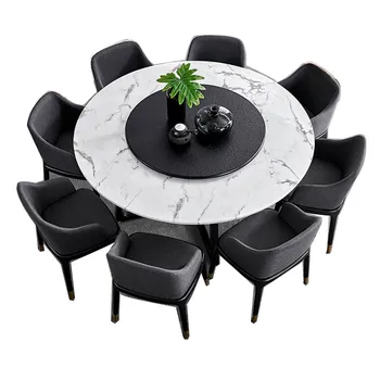 Обеденный стол европейского дизайна с круглой мраморной столешницей и деревянной ножкой в центре, круглый вращающийся обеденный стол  5
