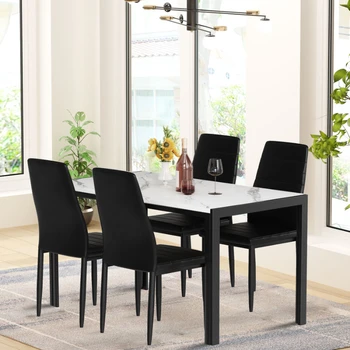 Обеденный стол со столешницей из искусственного мрамора, обеденный стол и четыре стула с высокой спинкой и мягкой обивкой  5