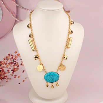 Ожерелье с подвеской в виде колокольчика из голубого камня, цепочка для девочек, Арабское Турецкое позолоченное ювелирное ожерелье для женщин, монета на удачу, свадебный аксессуар.  4