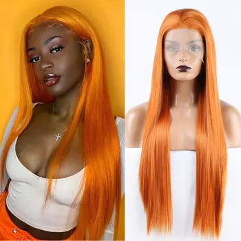 Оранжевый синтетический кружевной парик Бесклеевые кружевные фронтальные парики для женщин Синий прямой парик из термостойкого волокна для косплея Парики для вечеринок  5