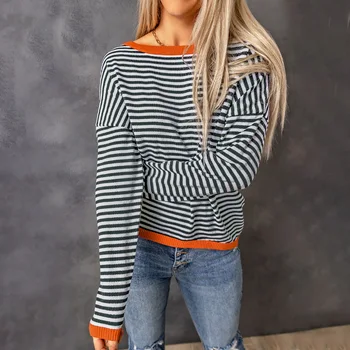 Осенне-зимние вязаные свитера 2023, модные топы с длинными рукавами контрастного цвета в полоску, пуловеры, универсальная повседневная свободная женская одежда  5