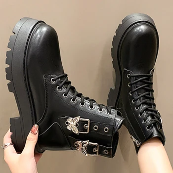 Осенне-зимние женские ботинки на платформе в стиле панк, женские ботинки в готическом стиле, армейские женские мотоциклетные ботильоны с черными металлическими пуговицами  5