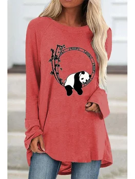 Осенне-зимняя однотонная футболка с модным принтом и графикой, женская одежда, Свободная повседневная рубашка с круглым вырезом, топы больших размеров  5