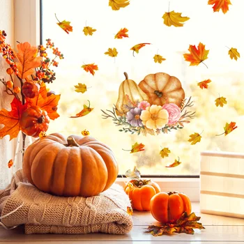 Осенняя креативная настенная наклейка с тыквой, современная настенная наклейка с цветами из кленовых листьев, растительный фон для дома, простое украшение спальни  5