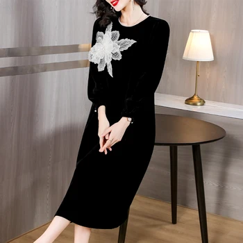 Осень/Зима 2023, Новое Черное шелковое платье с 3D-декором в виде цветка с длинным рукавом, свободное облегающее платье большого размера длиной до колен, женский халат.  5