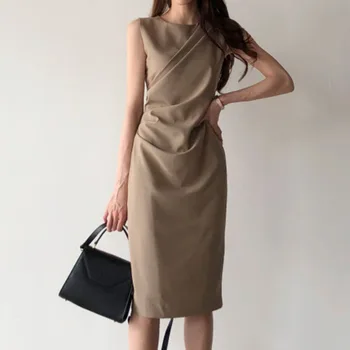 Офисные женские платья для женщин 2023 Элегантное платье Миди без рукавов Модный Прямой облегающий халат Женская одежда Лето  5