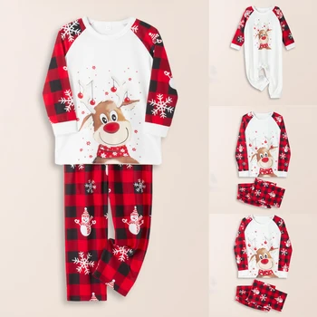 Пижамный комплект из двух предметов для семьи, подходящие друг другу рождественские наряды, модная повседневная пижама, пуловер с длинными рукавами и принтом в виде снежинки и оленя  5