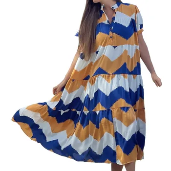 Платье Макси с принтом, Хлопковое Удобное платье со свободным воротником-рубашкой, Многоуровневый слой с рюшами, Женская одежда Vestidos  5