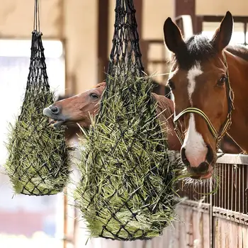 Плетеная веревочная кормушка для сена с медленной подачей, 2 отверстия размером 2 дюйма, Портативные подвесные сумки-сетки для сена большой емкости для лошадей  5