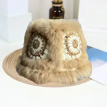 Плюшевая шапка ручной вязки, уютные Милые зимние шапки ручной вязки, плюшевая голова тигра, отделка кроличьим мехом, Шерстяные шапки для женщин, женщины  5