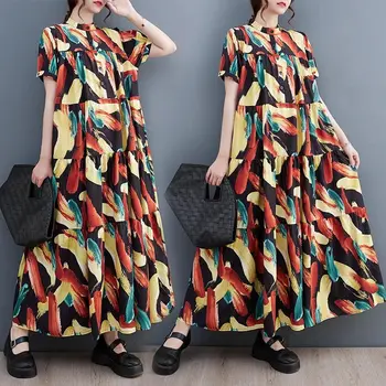 Повседневное платье в стиле ретро для женщин 2023 Корейское Летнее платье большого размера, свободное, Приталенное, Модное Платье средней длины с принтом с коротким рукавом Z2263  5