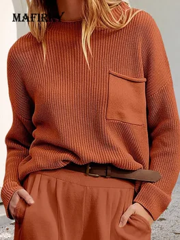 Повседневные женские джемперы с карманами в стиле пэчворк, Элегантные офисные женские топы с длинным рукавом, осенне-зимняя уличная одежда, базовый пуловер, свитер  5