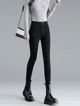 Повседневные эластичные леггинсы с высокой талией на плюшевой подкладке, женские узкие брюки-карандаш в корейском стиле, женские тонкие черные брюки для женщин  4