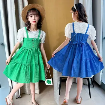 Поддельное платье из двух частей Для девочек, Лето 2023, Новая Мода, Корейское издание для девочек, Детская Одежда, Подвесное Платье Принцессы от 8 до 12 Лет  4