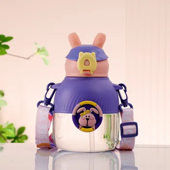 Посуда для напитков Kawaii Cute Rabbit Cartoon Детская чашка Портативный ремешок Соломенный Пластиковый горшок Бутылка для воды  5