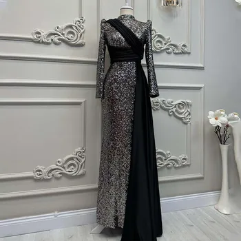 Потрясающие свадебные платья Русалки с блестками и длинными рукавами для официальных вечеринок 2024 года, женская одежда  5