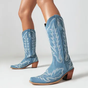 Пошив ковбойских сапог в западном стиле для женщин, обувь на высоком каблуке, ковбойские сапоги, Женские осенне-зимние длинные сапоги до колен, Большие размеры 47  4