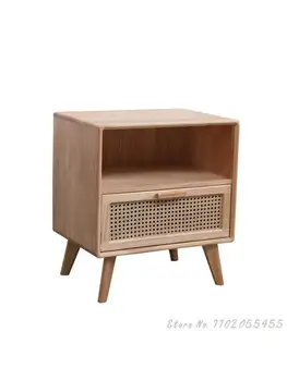 Прикроватный столик из массива дерева, простой современный прикроватный шкаф для хранения в спальне, мини-маленький японский шкаф для хранения из ротанга  5