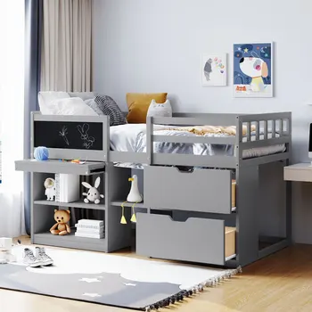 Простая двуспальная низкая кровать-чердак с выдвижным столом, полкой и выдвижными ящиками, подходит для спален, детских комнат - серый  5