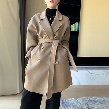 Простой стиль, однотонное шерстяное пальто, Двубортный карман, пояс, Шерстяная куртка, женская мода 2023 года, Офисная женская шерстяная верхняя одежда  5