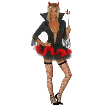 Пурим Черный костюм Дьявола Женский костюм вампира Косплей Сексуальные Взрослые костюмы на Хэллоуин для женщин Красное нарядное Карнавальное вечернее платье  5