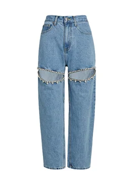 Расшитые стразами расклешенные джинсы Для женщин, высокая талия, пуговицы в стиле пэчворк, выдалбливают Летние Широкие брюки, Новинка женской моды  5