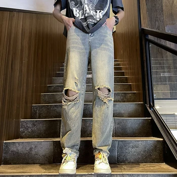 Рваные джинсы до колена в американском стиле, мужские Ретро-желтые грязевые брюки, Летние Повседневные Свободные Прямые брюки для улицы, мужская одежда  5