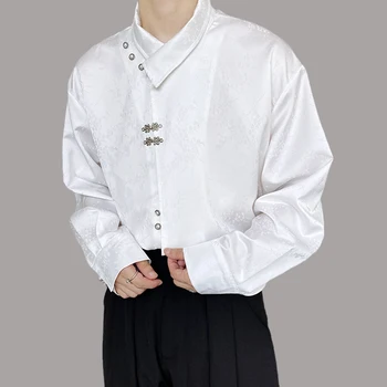 Ретро Мужская Жаккардовая рубашка из китайского атласа с металлическими пуговицами, стоячий воротник, кофточки с длинным рукавом, Модная Уличная Повседневная Мужская одежда  5