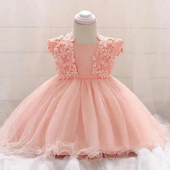 Розово-белое платье для крещения для маленькой девочки с аппликацией в виде цветов, бальное платье с цветочным рисунком для новорожденных, Тюлевый костюм для малышей на День рождения  5