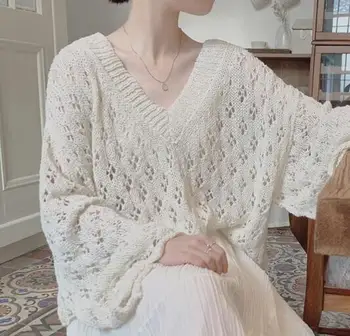 Романтический французский Свободный пуловер с V-образным вырезом, Топы для женщин, вязаный свитер с расклешенными рукавами, Элегантный трикотаж Sueters De Mujer  5