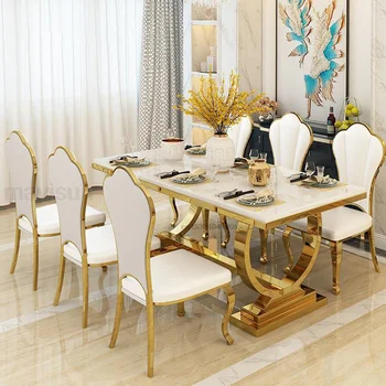 Роскошный кухонный стол с мраморным прямоугольным каркасом из нержавеющей стали с позолоченным покрытием, обеденный стол и стулья для ужина в отеле  5