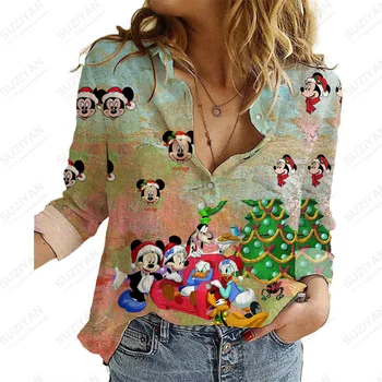 Рубашка Disney ChristmasLadies Женская мода С цепочками И принтом, Свободные повседневные офисные рубашки с принтом, женская мода с длинным рукавом  5
