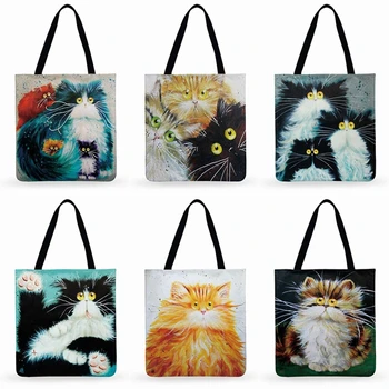 Свежая женская сумка-тоут с принтом кота из мультфильма, льняная сумка Faric, женская сумка через плечо, уличная повседневная сумка-тоут, складная сумка для покупок  5