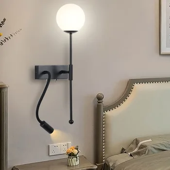 Современная и простая прикроватная лампа для спальни со шланговым прожектором, многофункциональный вращающийся светодиодный прожектор, настенный светильник для чтения  3