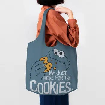 Сумка для покупок с забавным принтом Cookie Monster, моющаяся холщовая сумка для покупок через плечо, мультяшные сумки с Улицы Сезам, сумка для фотографий  5