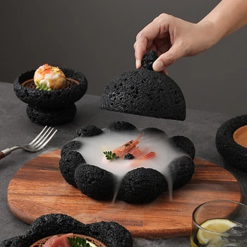 Тарелка Сашими в японском стиле, Угольный шар, Вулканический камень, Художественное блюдо, Креативная посуда для отеля, Черный поднос для суши и лосося, витрина для еды  4