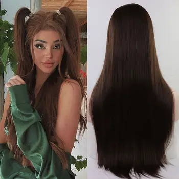 Темно-коричневые синтетические волосы, парики на кружеве, предварительно выщипанные прямые термостойкие волокна, Натуральный пробор по линии роста волос посередине для женщин  10