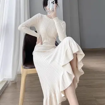 Тонкое однотонное трикотажное платье с длинным рукавом, женское осенне-зимнее Корейское платье-свитер, облегающие платья, женские элегантные вечерние длинные платья  5