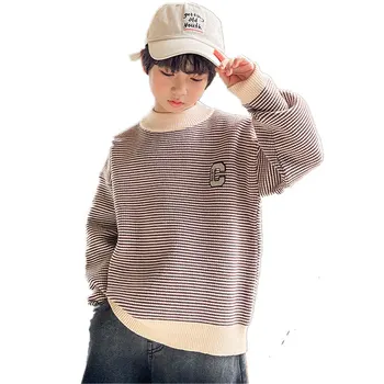 Топы для детей от 5 до 14 лет, осенне-зимний пуловер для мальчиков, утепленный свитер, Детский вязаный свитер в полоску с длинным рукавом, Корейский наряд  5