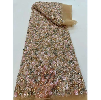 Тюлевая кружевная ткань с красочным рисунком для платья Кружевная ткань нового дизайна, французское кружево с крупными блестками и бисером  4