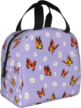 Фиолетовые сумки для ланча с бабочками и маргаритками, утепленные карманом, Многоразовая термосумка для ланча на работу, пикник, пляж  5