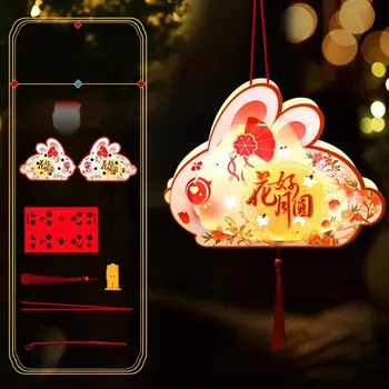 Фонарь в китайском стиле, Бумажный фонарь с кисточками, Очаровательный набор бумажных фонарей с кроликом, двусторонний ручной работы на батарейках  5