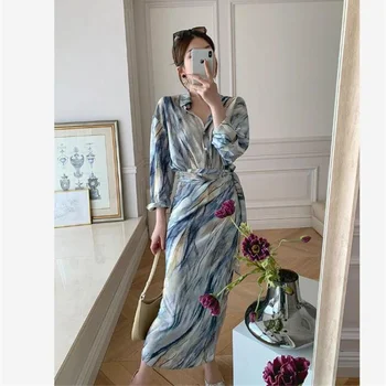Французские элегантные комплекты платьев, женская осенняя рубашка с длинным рукавом и принтом + юбка-полукомбинезон с высокой талией, комплекты из 2 предметов, женская одежда  5