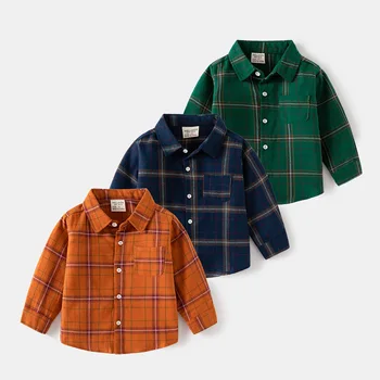 Хлопковые однотонные рубашки для мальчиков, топы для малышей, весенне-осенняя детская одежда  5