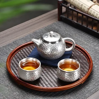 Чайник из стерлингового серебра, один чайник, две чашки, Чайный сервиз из позолоченного серебра, простой и портативный Чайный сервиз для путешествий, чайник для чая  5