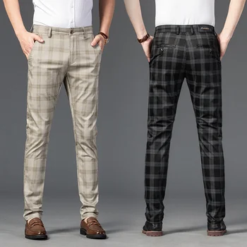 Черные бежевые Летние клетчатые брюки Мужские в корейском стиле, офисный костюм обычной посадки, вечерние брюки для продажи  5