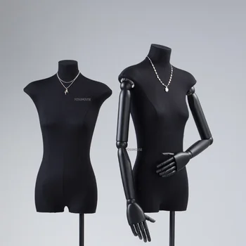 Черный льняной чехол, женский манекен с плечами, модель половины тела для ювелирных изделий, одежды, формы для одежды, Регулируемая стойка  5