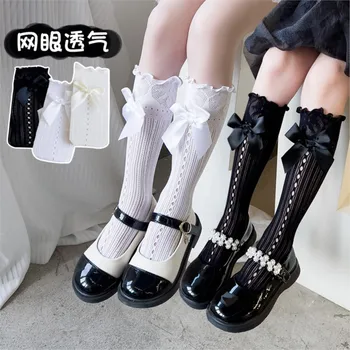 Чулки для девочек Летние тонкие сетчатые дышащие носки Детские черные носки с грибком по краю и цветочной принцессой для девочек  4
