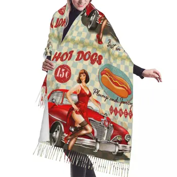 Шарф с кисточками, большая зимняя теплая шаль из Пашмины, накидка Bufanda, винтажный постер с хот-догом, девушка в стиле Пин-ап и ретро-автомобиль, Кашемировые шарфы  5