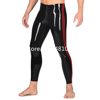 Штаны из натурального латекса, обтягивающие леггинсы для мужчин, сексуальные штаны из латексной резины, черные с красным  0